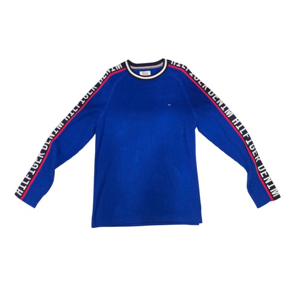 Tommy Hilfiger Other - Tommy Hilfiger Denim Men's Ribbed Knit Sweater Blue Logo Tape Sleeves Size L